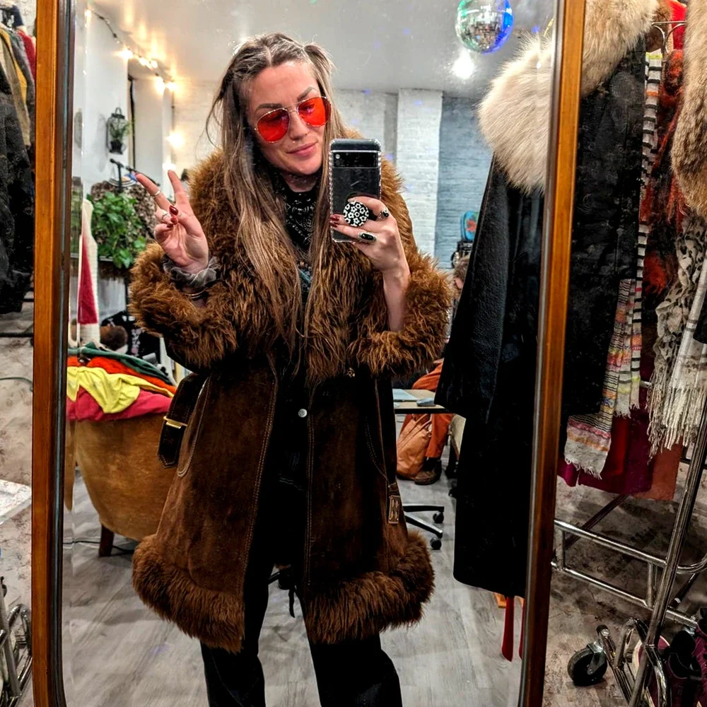 70s Vintage Brown Suede Penny Lane Afghan Coat Fur Furry Groovy Boho Chic Jacket